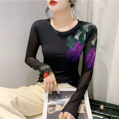 性感网纱圆领打底衫女长袖植物染印花时尚气质内塔上衣修身T恤ins图片