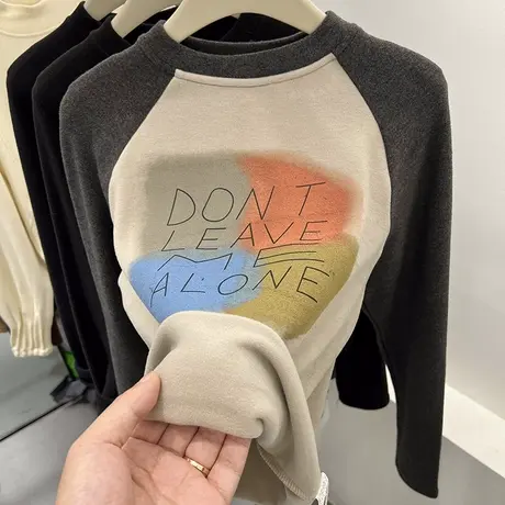 拼色字母加厚双面磨毛德绒长袖T恤女2023秋冬新款软糯打底衫上衣商品大图
