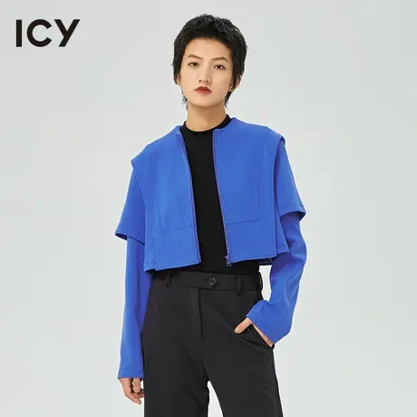 icy春秋新款小众纯色假两件长袖克莱因蓝短外套女商品大图