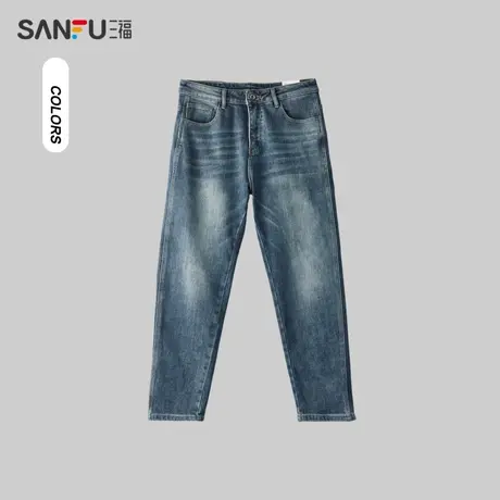三福2023冬季男士小直筒磨毛牛仔裤 复古合身直腰长裤男481059商品大图