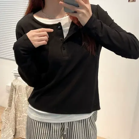 小排扣假两件长袖t恤女2023秋季新款设计感撞色拼接宽松显瘦上衣图片