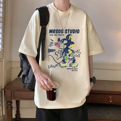 夏季新款纯棉宽松短袖t恤男ins潮流米奇卡通印花体恤2024男装上衣商品大图