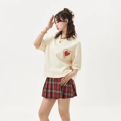 YEP复古爱心印花短袖t恤女2024年春夏新款潮牌情侣装宽松圆领上衣商品大图
