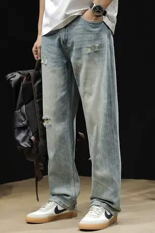 破洞牛仔裤男直筒2024新款春季男款阔腿裤子宽松大码春秋男士潮牌商品大图