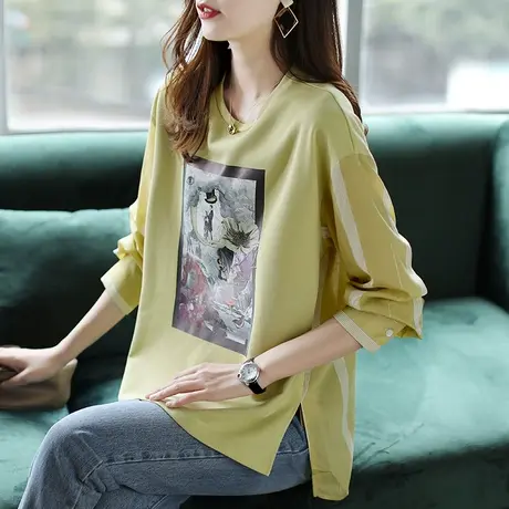 宝诗黎圆领条纹拼接印花卫衣女2024年春季新款韩版宽松慵懒风上衣商品大图