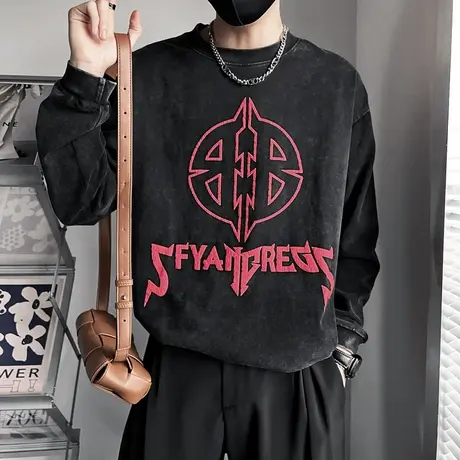 重磅水洗卫衣男春季潮牌痞帅长袖T恤上衣个性高街印花外套潮t体恤商品大图