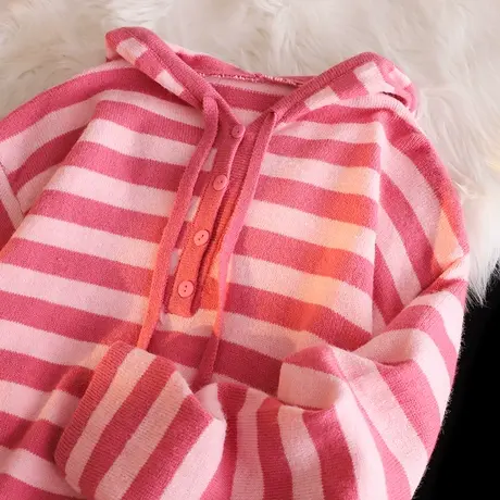 甜酷风设计感连帽条纹毛衣女秋冬外穿宽松慵懒风日系复古小众外套商品大图