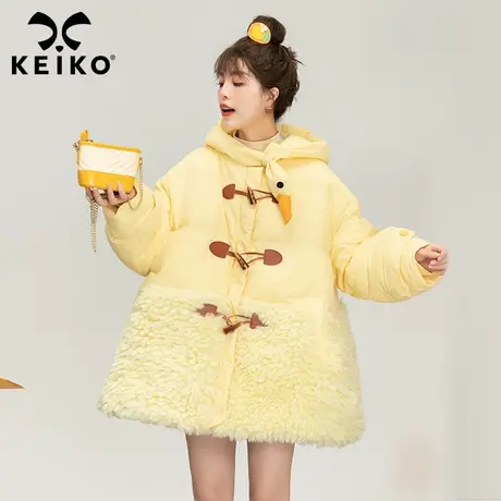 奇趣卡通连帽鹅黄色棉袄棉服女2022冬复古牛角扣羊羔毛拼接厚外套商品大图