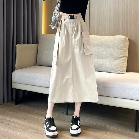 美式工装裙女春夏季大口袋开叉高腰a字中长款半身休闲短裙女裙子图片