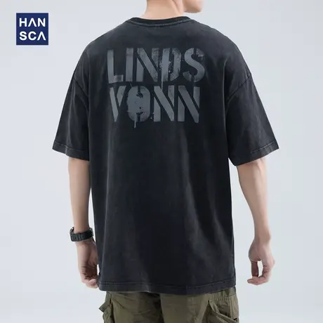 hansca 宽松纯棉短袖t恤男夏季潮牌水洗做旧休闲百搭印花半袖上衣商品大图
