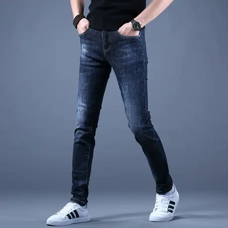2023新款男士弹力高端牛仔裤男秋款欧美蓝色潮牌休闲裤子修身小脚图片