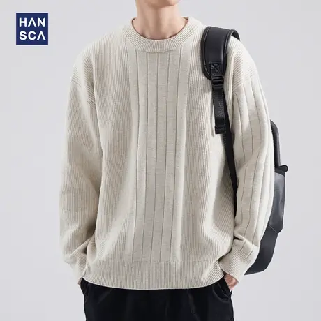 hansca毛衣男2023新款秋冬季圆领宽松休闲纯色条纹落肩袖针织衫潮商品大图
