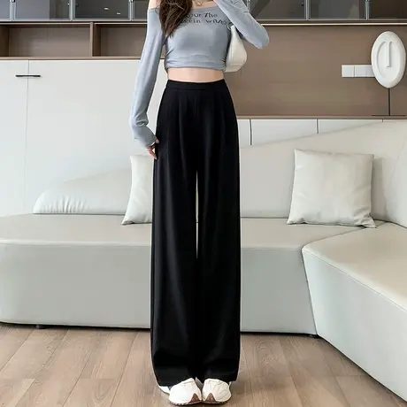 垂感西装阔腿裤女春秋2024新款小个子高级感压褶黑色休闲直筒裤子图片