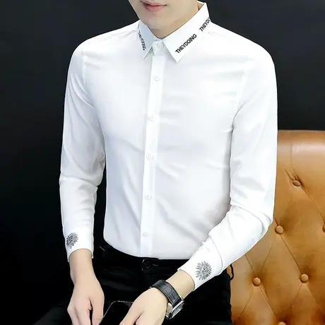 衬衫男长袖秋季韩版修身高级感痞帅寸衫发型师潮流免烫抗皱白衬衣商品大图