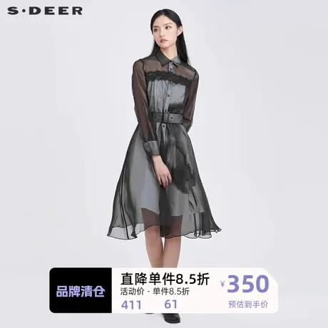 sdeer圣迪奥女装翻领蕾丝拼接不规则连衣裙S22161203图片
