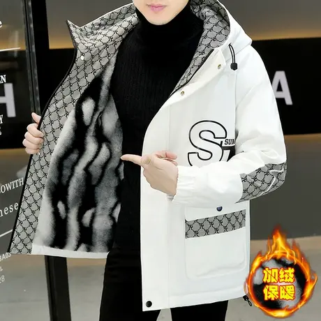 潮牌连帽棉服男款冬季加绒加厚仿貂毛内胆派克服夹克保暖冬装棉衣商品大图