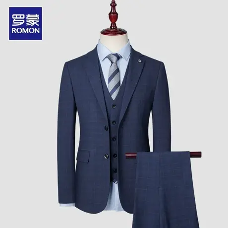 罗蒙格子休闲西装套装男式商务正装结婚新郎伴郎团西服青年韩版潮图片