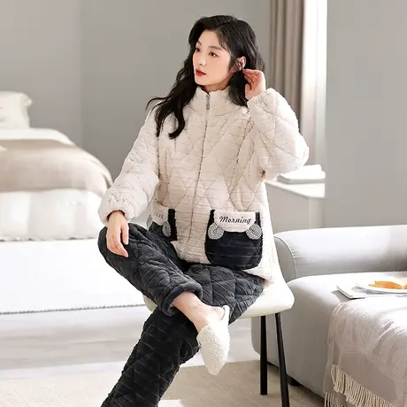 婷美珊瑚绒睡衣女士秋冬季三层夹棉加绒加厚冬天高颜值家居服套装商品大图
