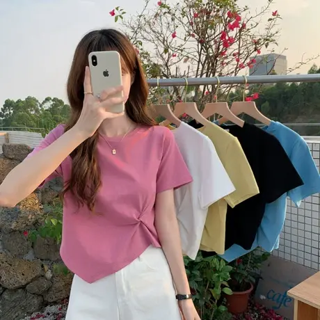 2023夏季新款女装大码胖mm不规则显瘦短袖T恤韩版小众上衣200斤潮图片