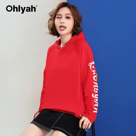 Ohlyah品牌红色卫衣女秋冬情侣装连帽外套纯棉上衣学生春节新年装商品大图