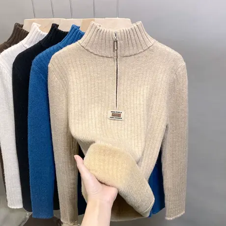 加绒高领毛衣女拉链加厚内搭打底衫2023秋冬新款针织衫内搭上衣潮商品大图