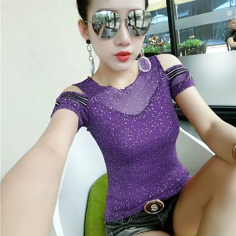 网纱上衣女春夏欧货时尚女装露肩短袖T恤修身显瘦夜店性感小衫潮t商品大图