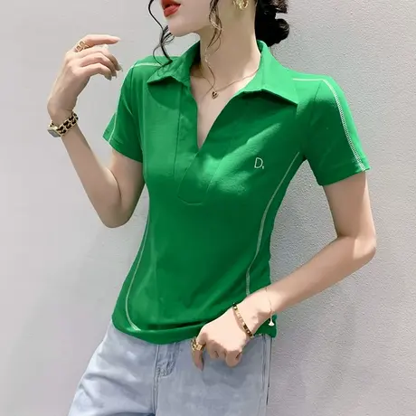 2023夏新款POLO领T恤女短袖时尚设计感小众上衣纯色百搭简约小衫商品大图