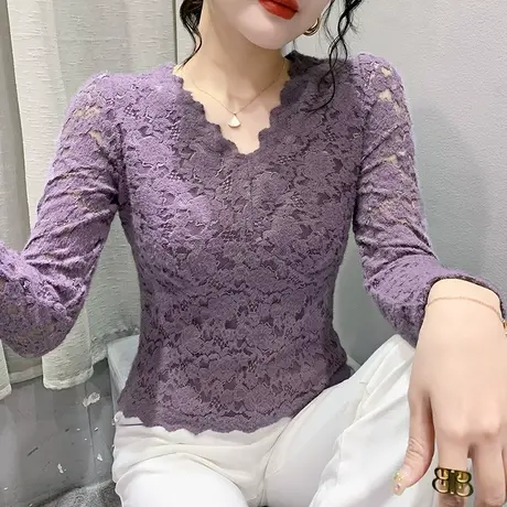 欧货洋气短款蕾丝衫女长袖春秋新款性感V领T恤高腰紧身内搭上衣潮商品大图