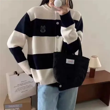 2023秋季新款圆领撞色条纹针织开衫百搭软糯毛衣外套外搭洋气休闲商品大图