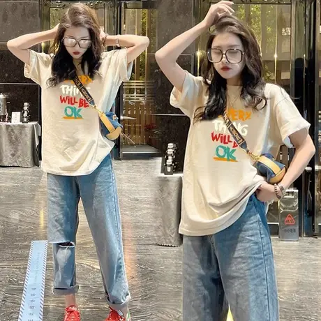 韩版复古潮牌短袖T恤女2023新款夏季休闲百搭半袖圆领爆款上衣ins商品大图