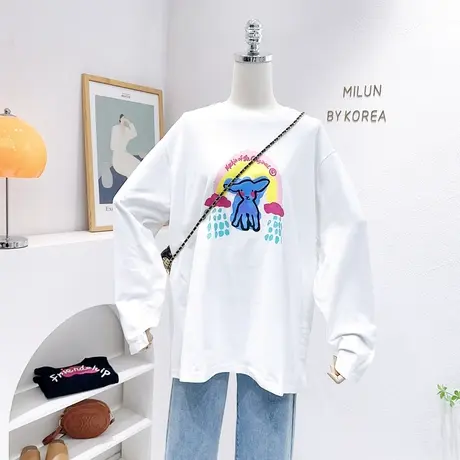 2023春季新款韩国东大门原宿风港味休闲长袖T恤白色上衣打底宽松商品大图