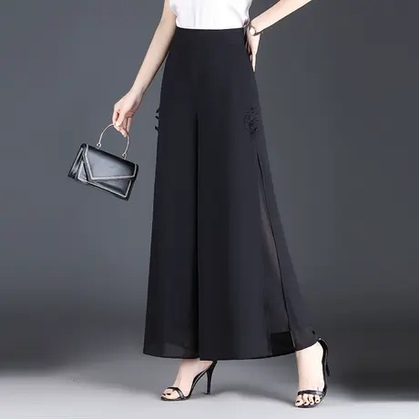 2023夏季新款复古双层开叉雪纺裤高腰盘扣阔腿裤坠感宽松薄款裙裤商品大图