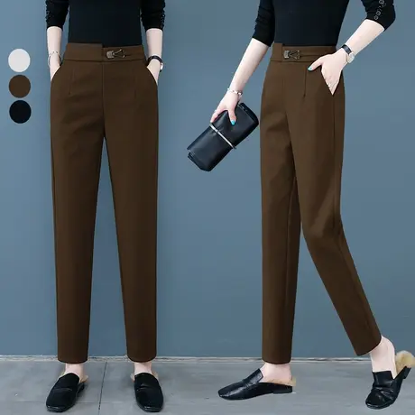 毛呢哈伦裤女秋冬2023年新款显瘦烟管西裤松紧腰九分小脚休闲裤子图片