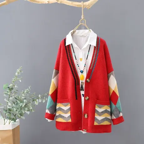 韩范秋冬慵懒外套上衣V领长袖单排扣针织开衫新款毛针织衫毛衣女图片