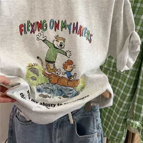 童趣满满 撞色卡通减龄 挺括显瘦宽松圆领套头短袖T恤女2023夏季图片