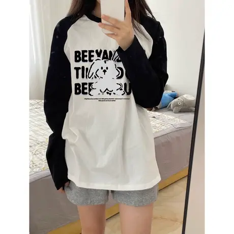 纯棉长袖T恤女2023年新款秋装韩版宽松显瘦百搭插肩袖上衣情侣装商品大图