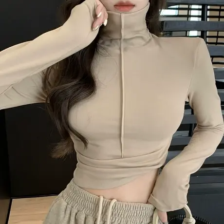 德绒堆堆领纯欲风高领打底衫女秋冬内搭紧身短款长袖t恤辣妹上衣商品大图