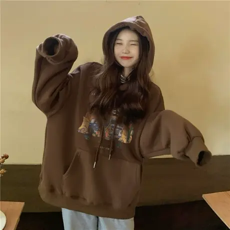 美式复古连帽卫衣女秋冬加绒加厚vibe小众设计港味chic上衣外套潮图片