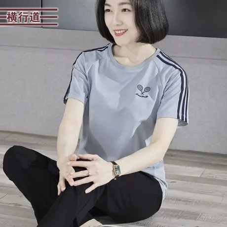 2023夏季新款简约休闲圆领插肩撞色绣花短袖T恤外穿女大码妈妈装商品大图