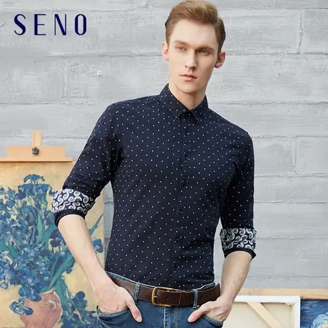 Seno男修身衬衫长袖休闲韩版青年磨毛波点保暖加厚商纯棉长袖衬衣商品大图
