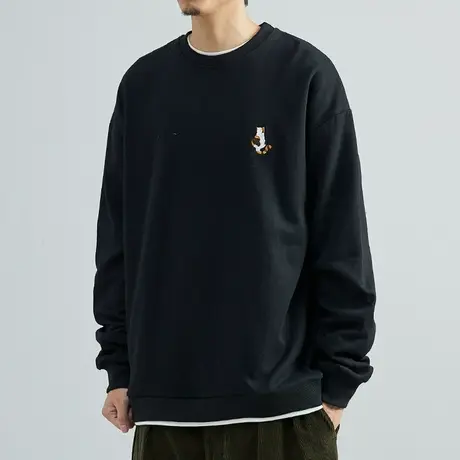 小猫刺绣春秋黑色圆领男卫衣日系2022新款潮韩版假两件上衣商品大图