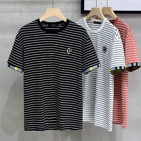 男士短袖t恤夏季新款高端圆领条纹体恤衫休闲潮牌半袖上衣服薄款图片