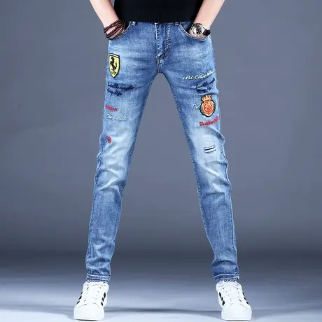 男士奢侈品牌刺绣牛仔裤男款修身小脚秋款新款裤子男休闲弹力百搭商品大图