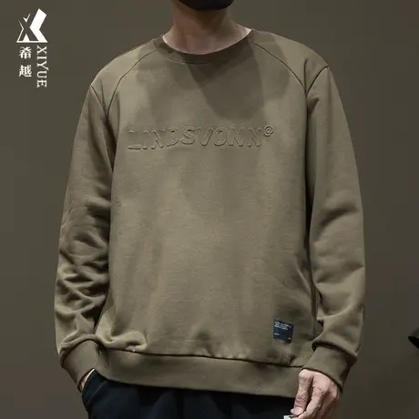 希越320g重磅无帽卫衣男咖色2023秋季新款男士宽松大码套头打底衫商品大图