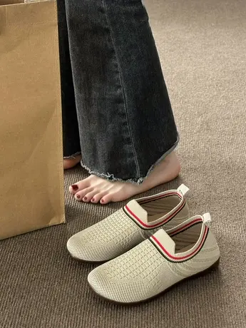 飞织透气单鞋女2023春秋新款平底百搭一脚蹬妈妈鞋懒人浅口豆豆鞋商品大图