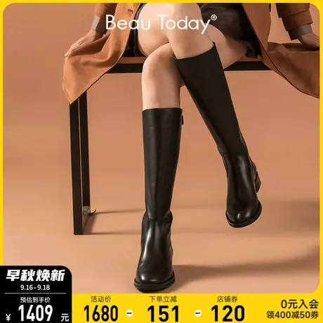 BeauToday真皮靴子女长筒靴新款骑士靴秋冬BT英伦风复古高筒靴商品大图