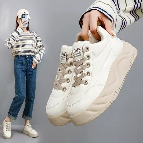 真皮运动鞋女厚底学生小白鞋2024春季新款松糕休闲板鞋增高老爹鞋商品大图