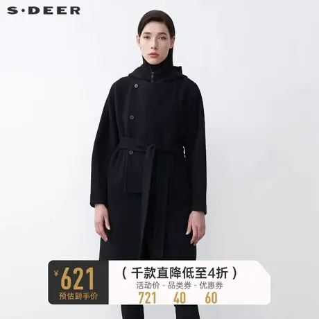 sdeer圣迪奥高领连帽收腰拼接长款黑色毛呢大衣S21481848图片