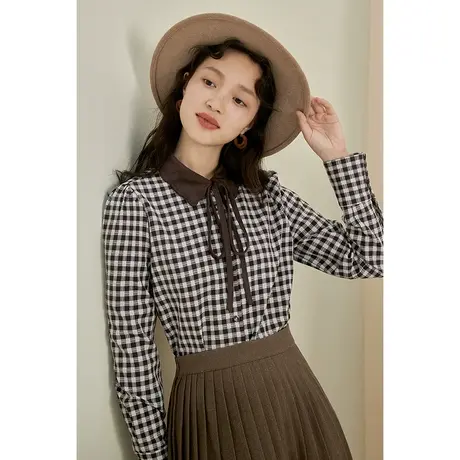 茵曼官方正品】衬衫女夏装2023新款复古格纹chic尖领设计感上衣服图片