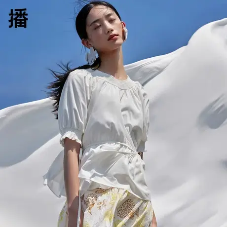 播2024春季新款弹力领口系带装饰圆领短袖修身衬衫女DDQ3HD5006商品大图